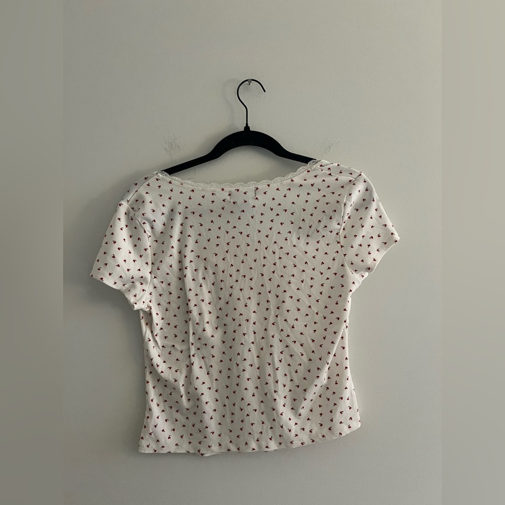 Just Polly NY Cherry Print Ribbed Lace Trim Tie Front Top XL - Picture 4 of 4